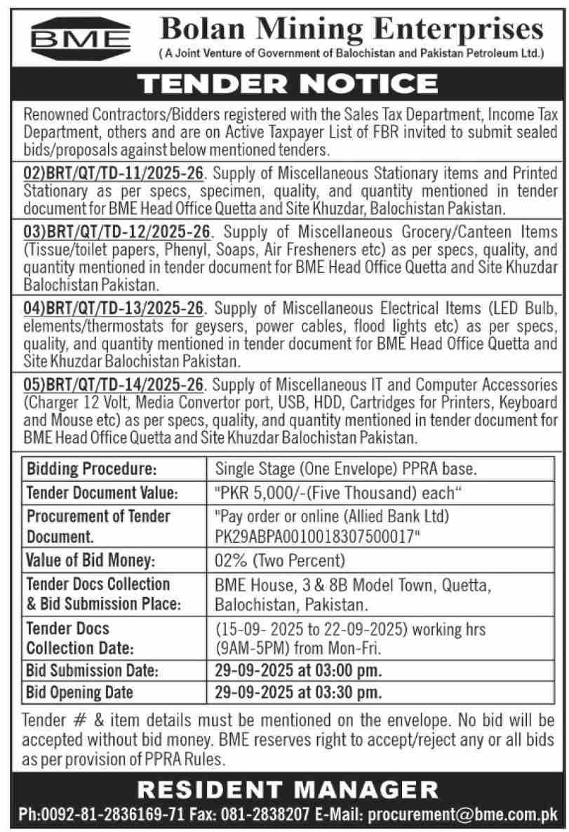 Bolan Minint Enterprises Tender Notice
